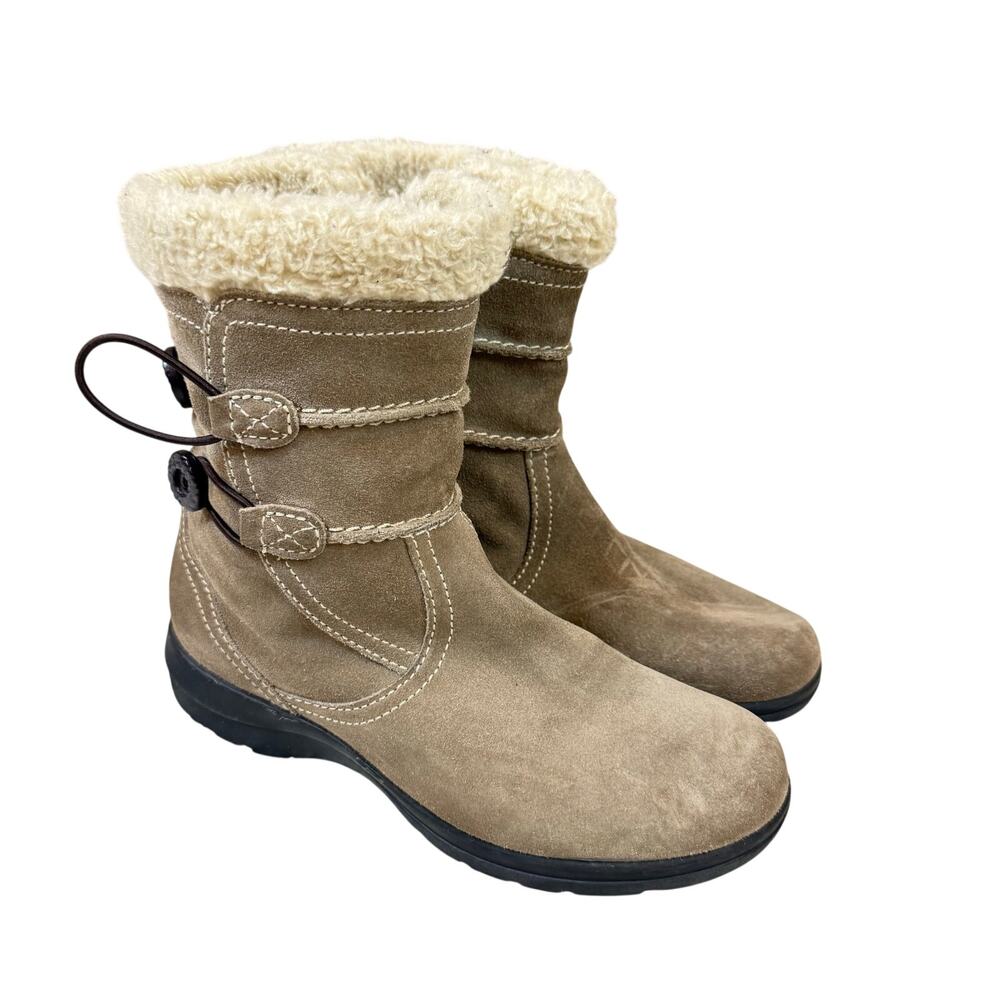 Clarks Suede Leather Sheba Newton Boots Shearling Lined Tan Beige Women's 7.5